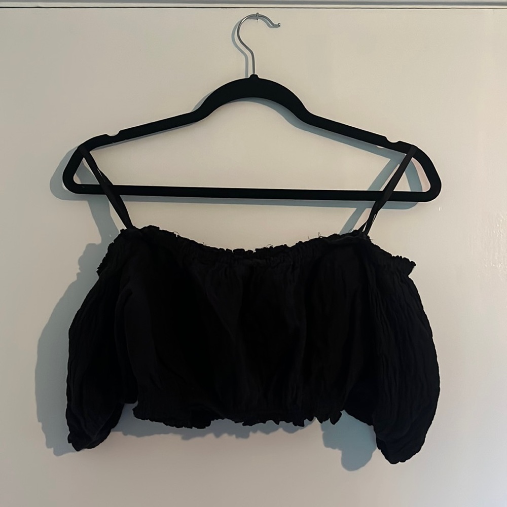 S, Kimchi Blue at Urban Outfitters, black, off shoulder crop top, gently used.
